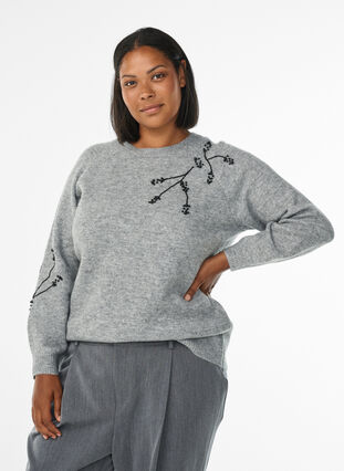 Zizzi Genser med perlebroderi, Grå, Model image number 0