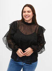 Rysjebluse i chiffon med struktur, Black, Model