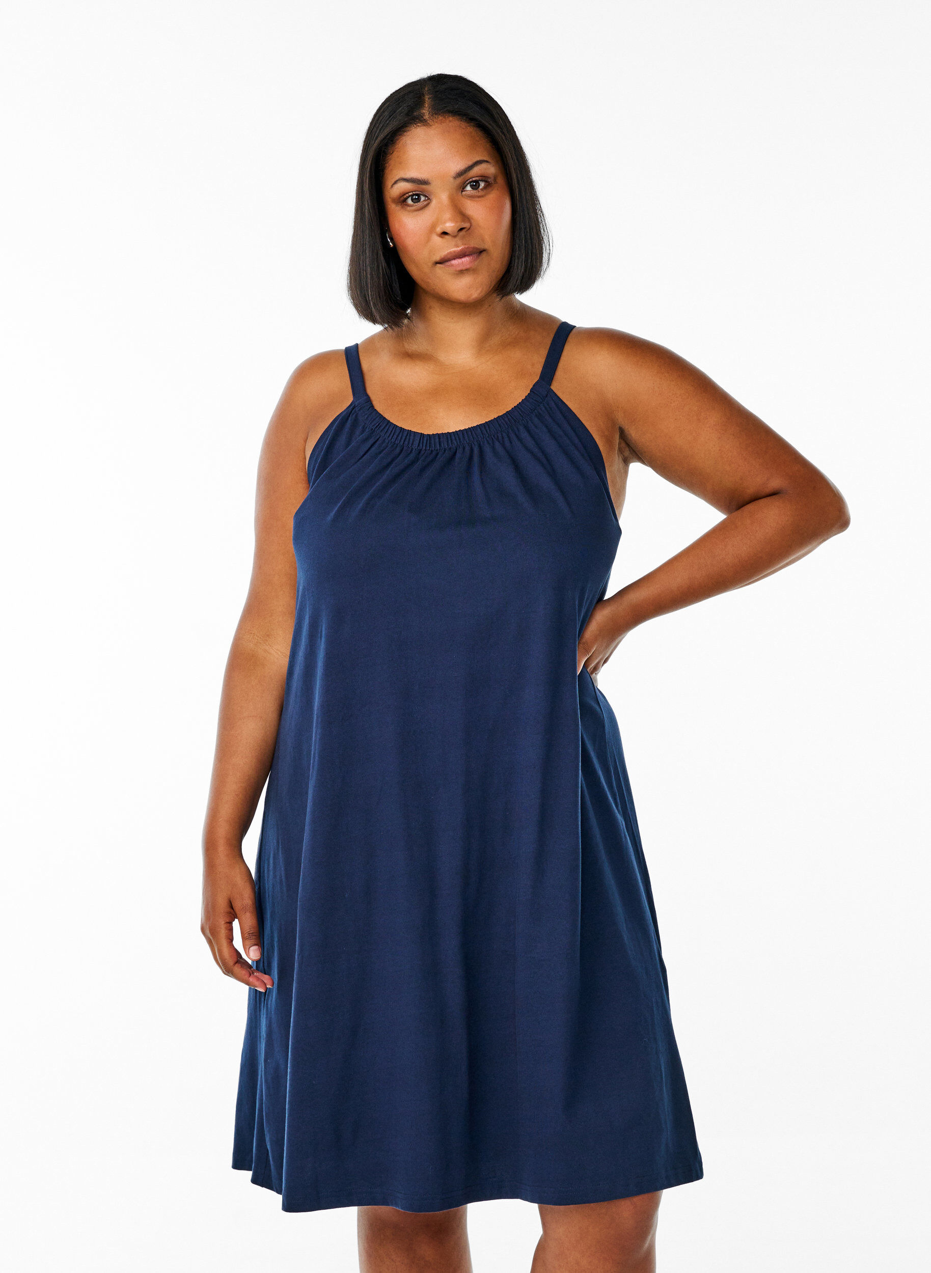 Midi strap dress in organic cotton, Bl&aring;, Model