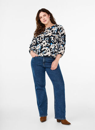 Zizzi Viskosebluse med trykk og vaffelsøm, Svart, Model image number 1