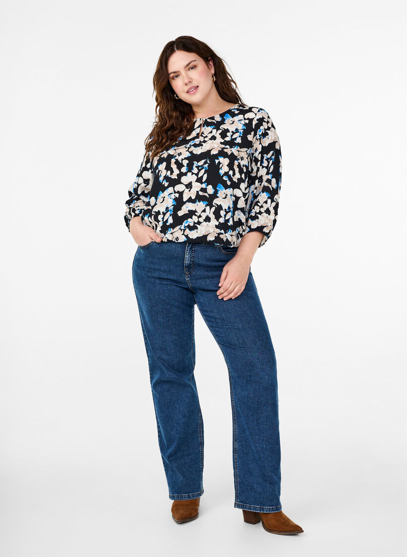 Viskosebluse med trykk og vaffelsøm, Svart, Model image number 1