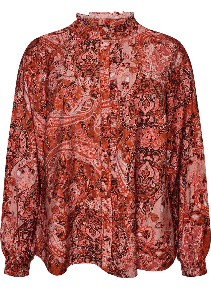 Viskosebluse med paisleytrykk og volanger, Orange, Packshot image number 0