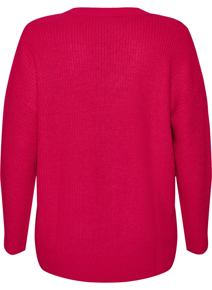 Lang ribbestrikket bluse med V-hals, Rosa, Packshot image number 1