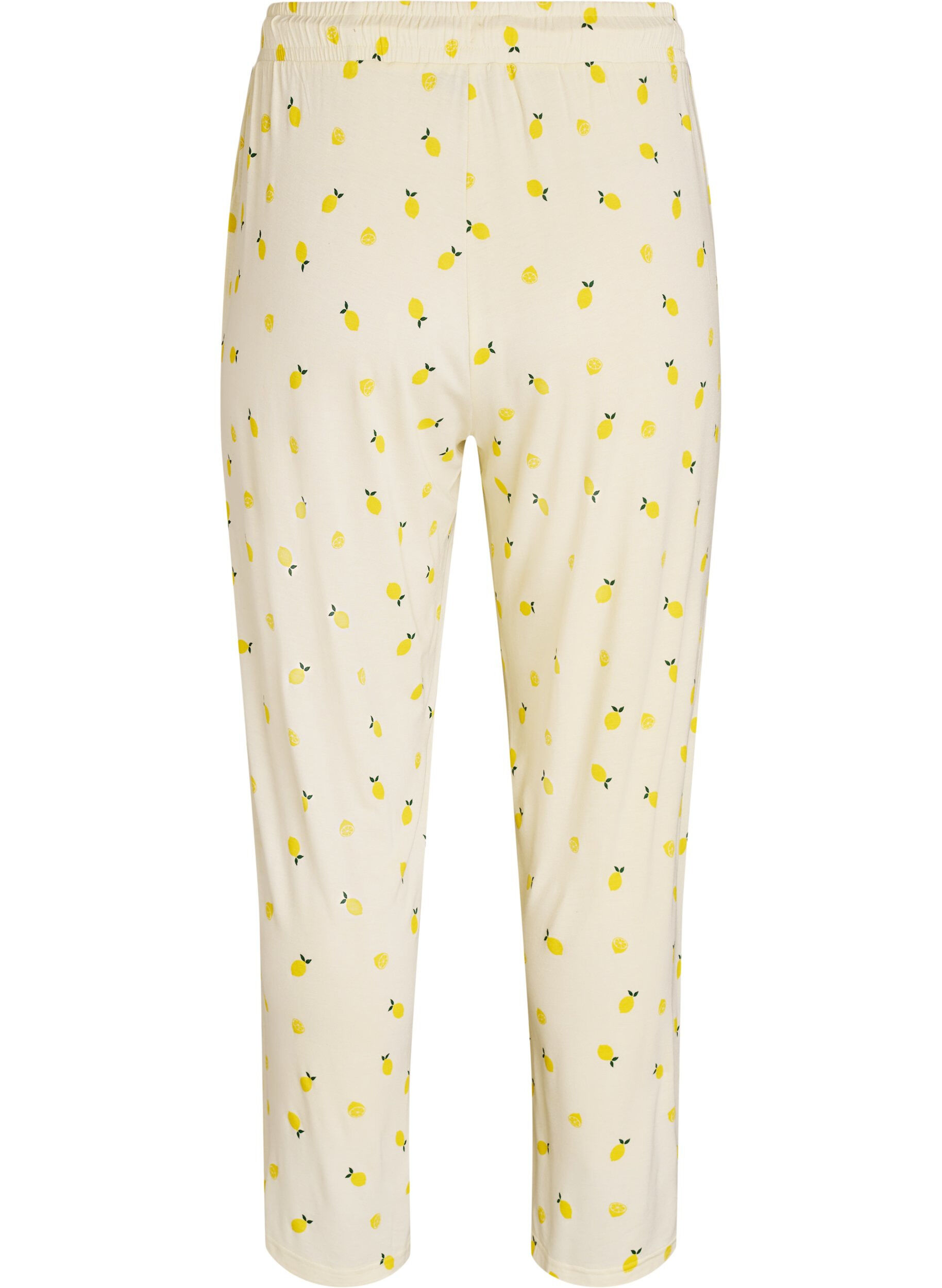 ZizziPyjamasbukse i mykt jerseystoff med h&oslash;y midje og frukttrykk, Gul, Packshot image number 1