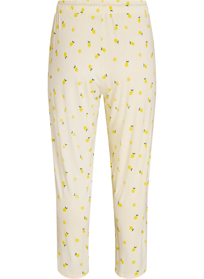 Pyjamasbukse i mykt jerseystoff med h&oslash;y midje og frukttrykk, Gul, Packshot image number 1