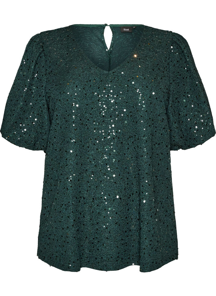 Paljettbluse med ballongermer, Gr&oslash;nn, Packshot image number 0