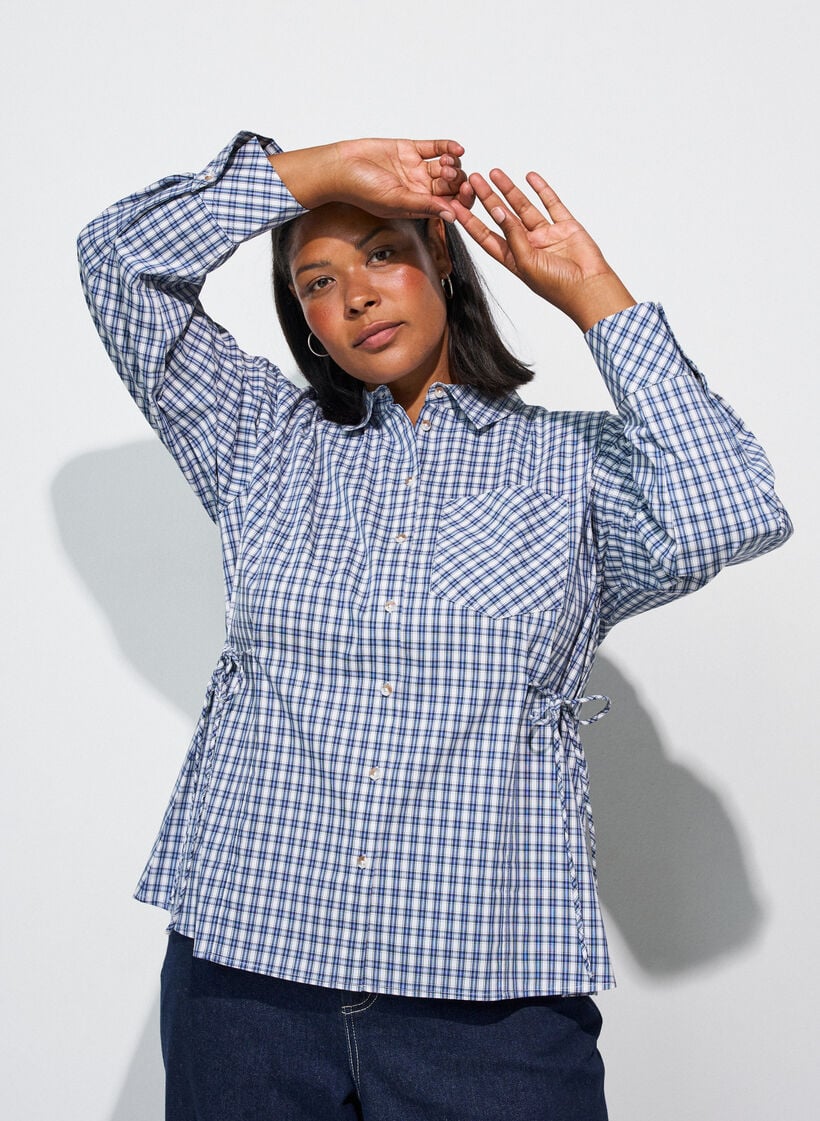 Loose fit rutete skjorte med knytebelte, Bl&aring;, Model image number 0