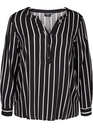Blomstrete bluse i viskose, Black White stripe, Packshot image number 0