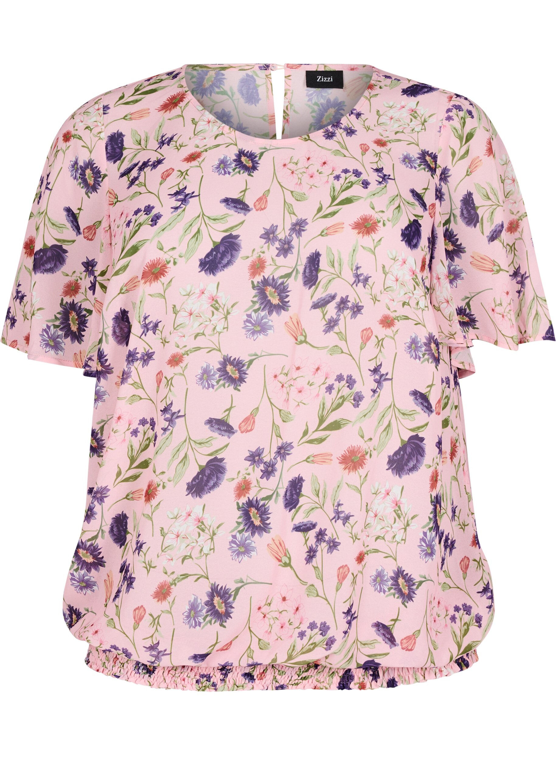 Bluse med blomstertrykk, korte ermer og smocking