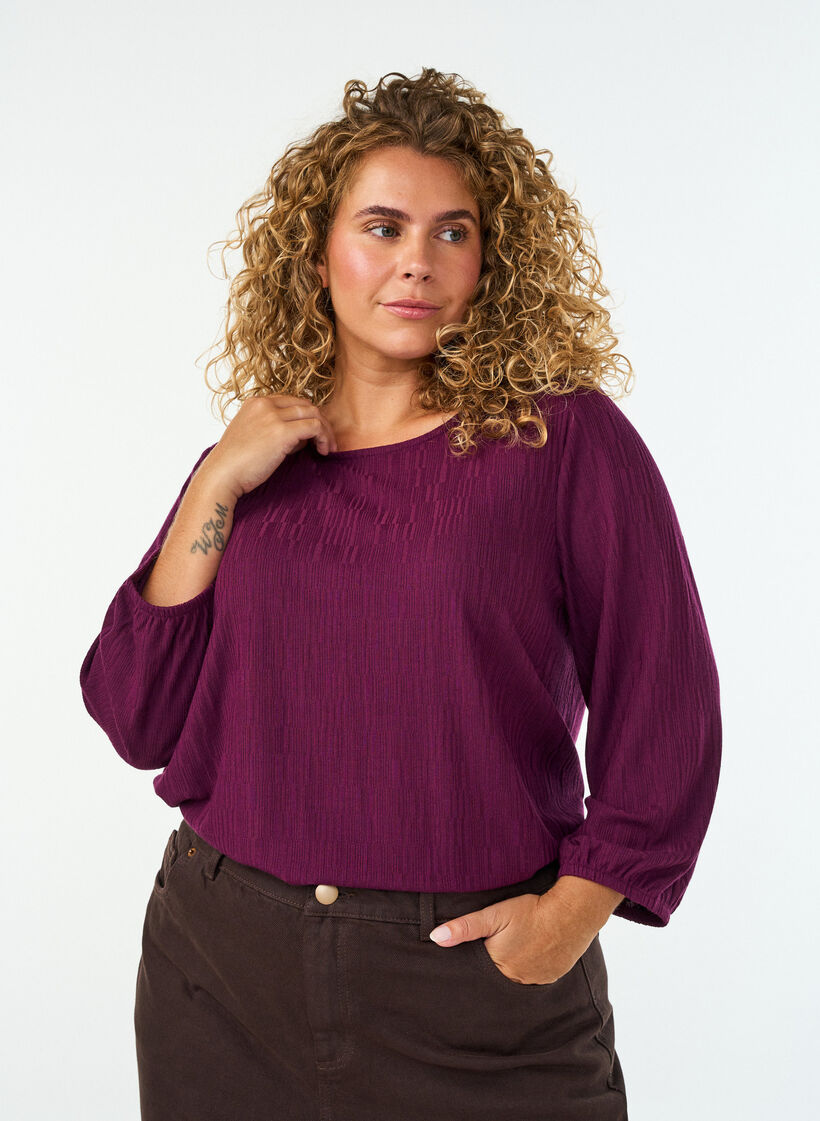 Bluse med tekstur og 3/4 ermer, Lilla, Model image number 0