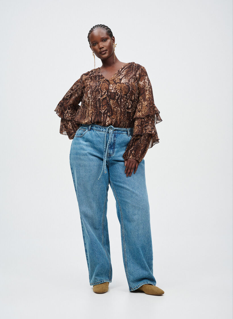 Bluse med dyretrykk og volanger, Brown Snake AOP, Image