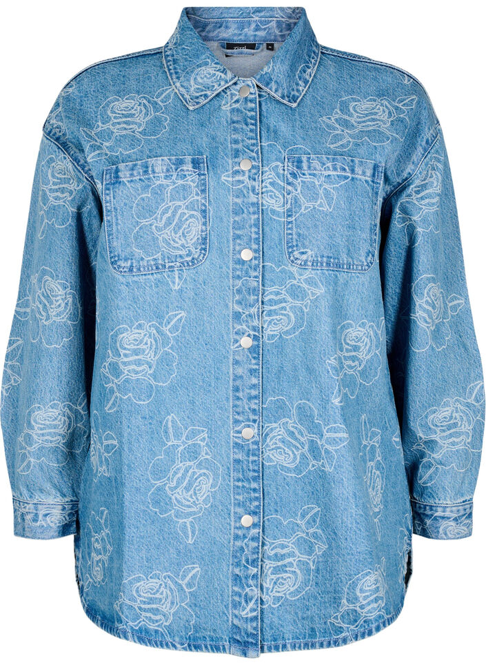 Denimjakke med blomster, Light Blue Denim, Packshot image number 0