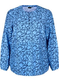 Langermet bluse med mønster og knapper, Blå Langermet bluse med mønster og knapper