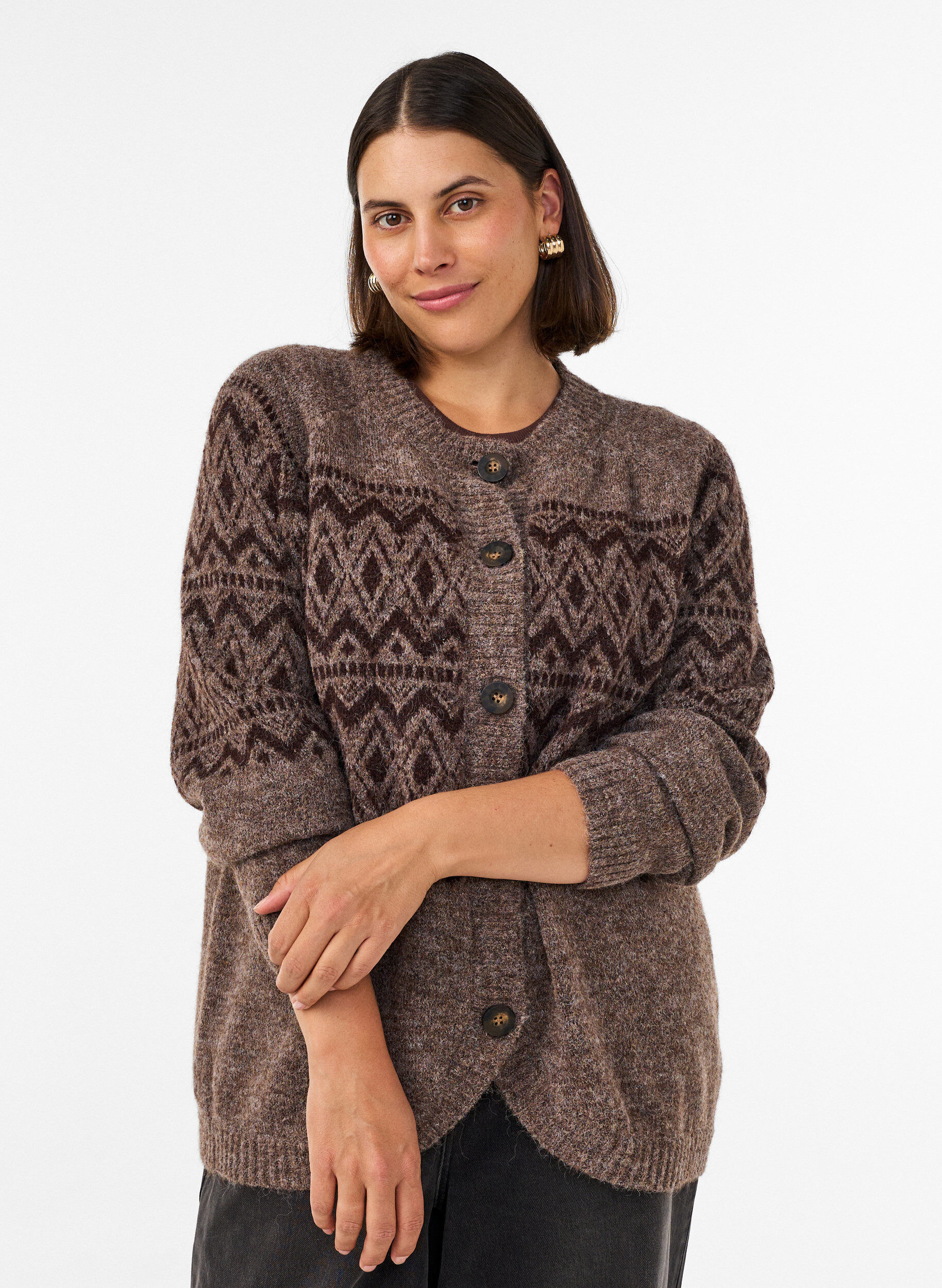 Jacquard m&oslash;nster cardigan, Brun, Model