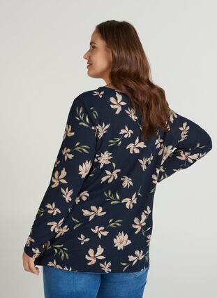 Langermet bluse med blomstermønster, Blue w. cream, Model image number 1