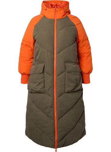 Lang fargeblokket vinterjakke med hette, Bungee Cord Comb, Packshot image number 0