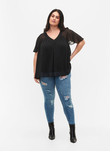 Jeggings med splitt, Blue denim, Model image number 0