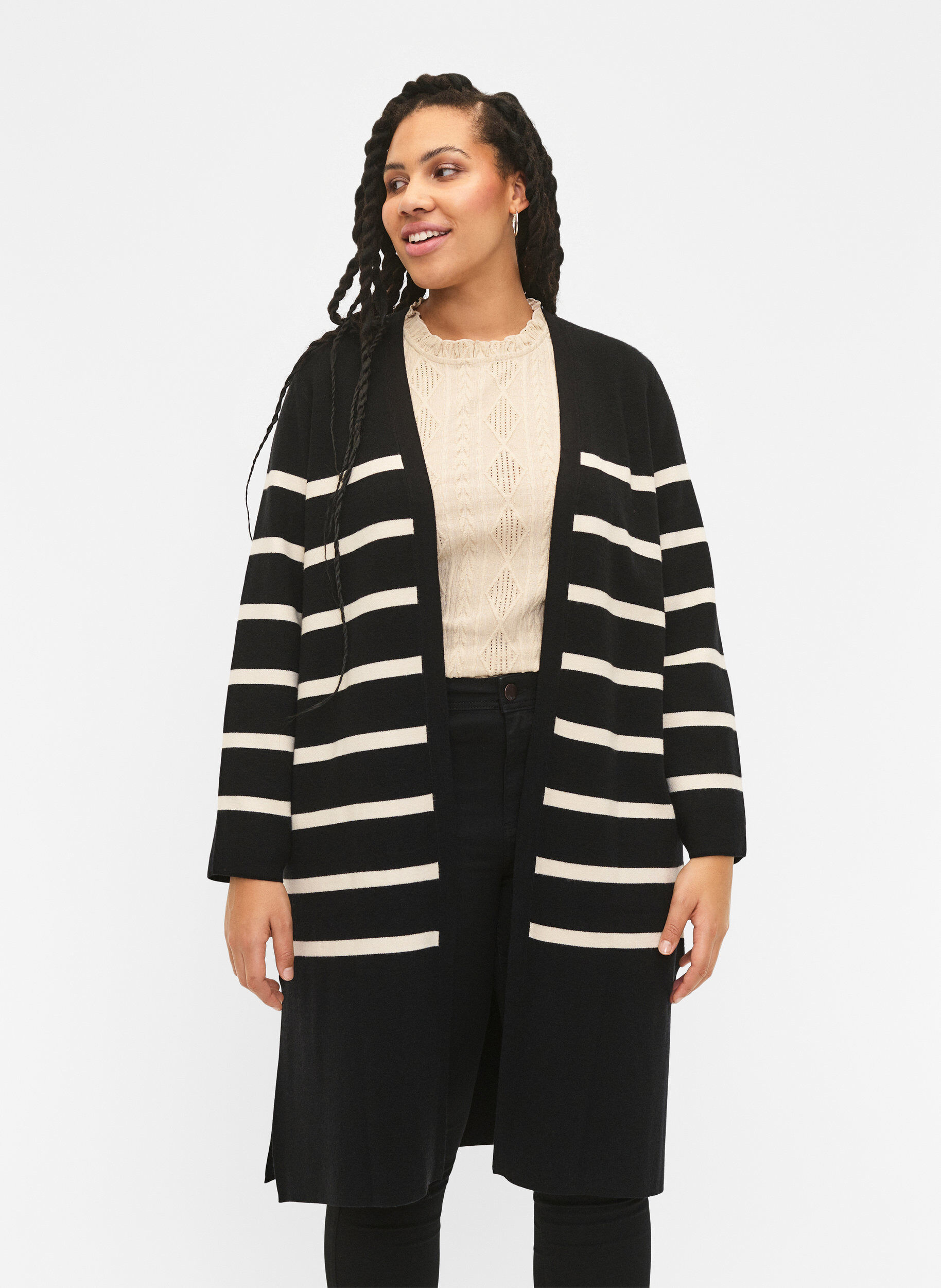Strikket cardigan med striper i viskoseblanding, Black w. Birch, Model