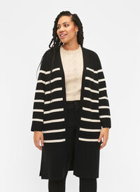Strikket cardigan med striper i viskoseblanding, Black w. Birch Strikket cardigan med striper i viskoseblanding, Black w. Birch, Model