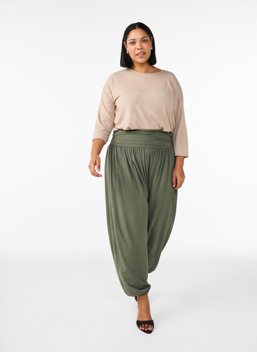 Jersey bluse med 3/4 ermer, Beige, Model image number 1