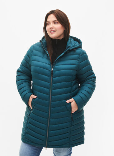 Lettvektsjakke med lommer og avtakbar hette, Deep Teal, Model image number 0