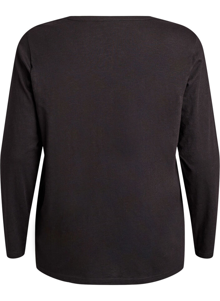Langermet t-skjorte med V-hals og knapper, Svart, Packshot image number 1