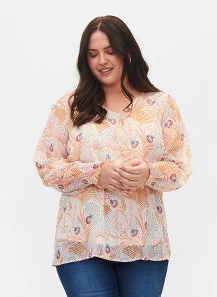 Blomstrete bluse med lange ermer og V-hals, Yellow/Pink AOP, Model image number 0