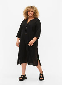 Lang skjortekjole med 3/4 ermer, Black, Model