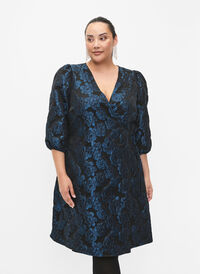 Jacquard omslagskjole med 3/4-ermer, Black Blue, Model