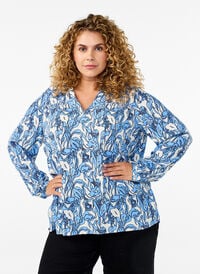 Langermet bluse med trykk og V-hals, Vanilje Langermet bluse med trykk og V-hals, Vanilje, Model