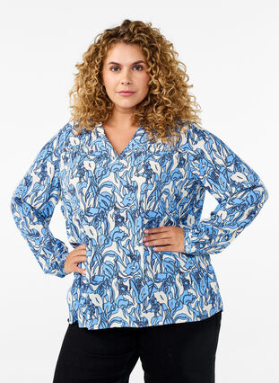 Zizzi Langermet bluse med blomsterprint og V-hals, Vanilje, Model image number 0