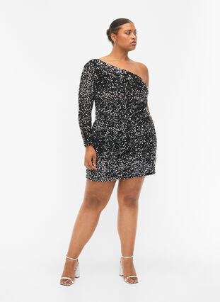 Kort one-shoulder-kjole med paljetter, Black/Silver Sequins, Model image number 3