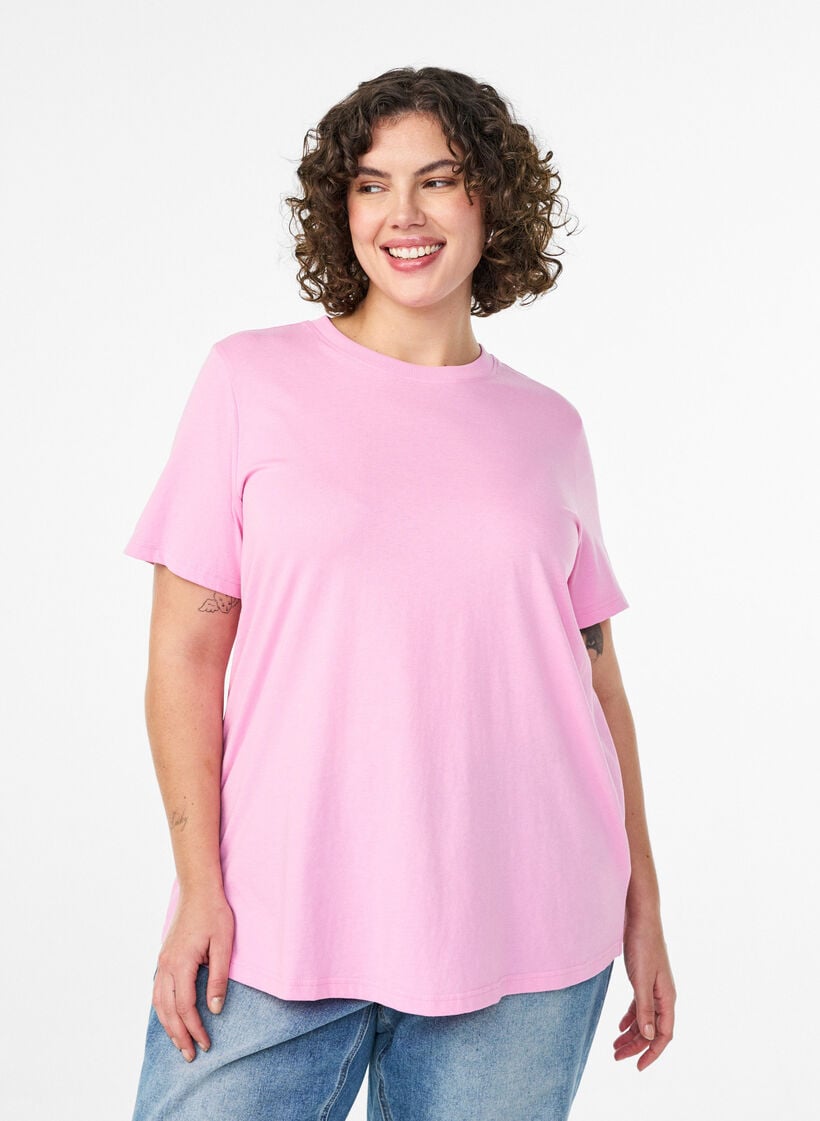Basic T-skjorte i bomull med rund hals, Rosa, Model image number 0