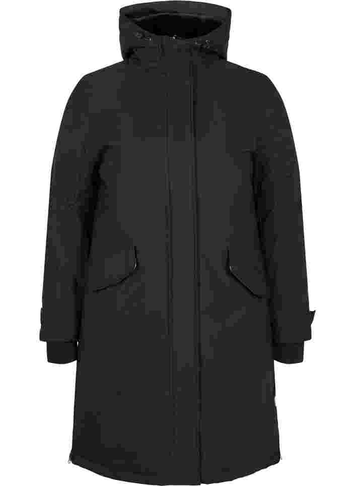 Vanntett vinterjakke med hette og lommer, Black, Packshot image number 0