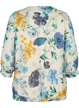 Blomstrete bluse med 3/4-ermer og smock, AOP Flower, Packshot image number 1