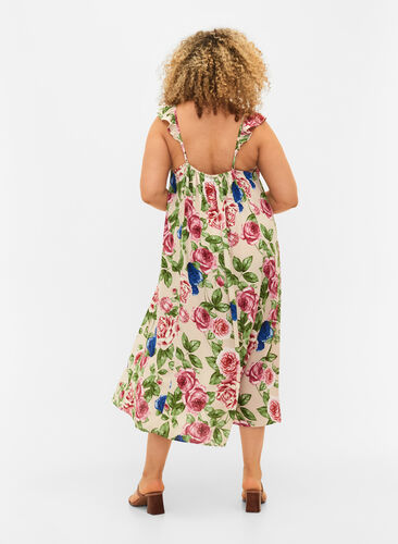 Blomstrete midikjole med volanger, Bright Flower , Model image number 1