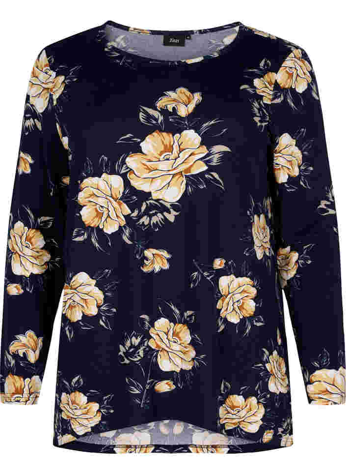Blomstrete bluse med lange ermer, Night Sky Flower AOP, Packshot image number 0