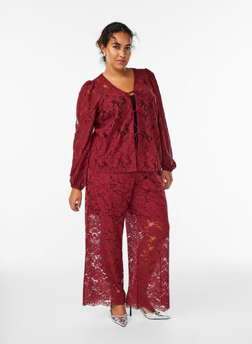 Zizzi Bluse med blonder, åpen front og knytestrenger, Mørk Bordeaux, Model image number 1