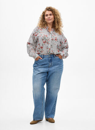 Zizzi Skjorte med blomstertrykk og smale striper, Black Striped AOP, Model image number 2