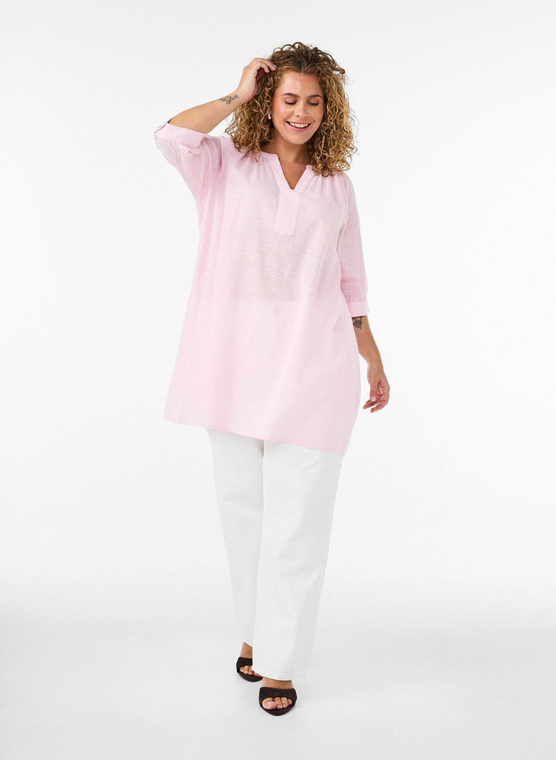 ZizziBomullstunika med V-hals, Rosa, Model image number 1