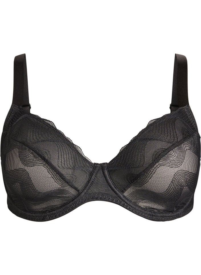 Heldekkende BH i mesh med bølgemønster, Svart, Packshot image number 0