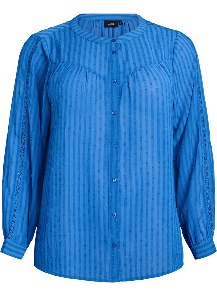 Skjorte med teksturert prikkemønster og broderidetaljer, Blå, Packshot image number 0