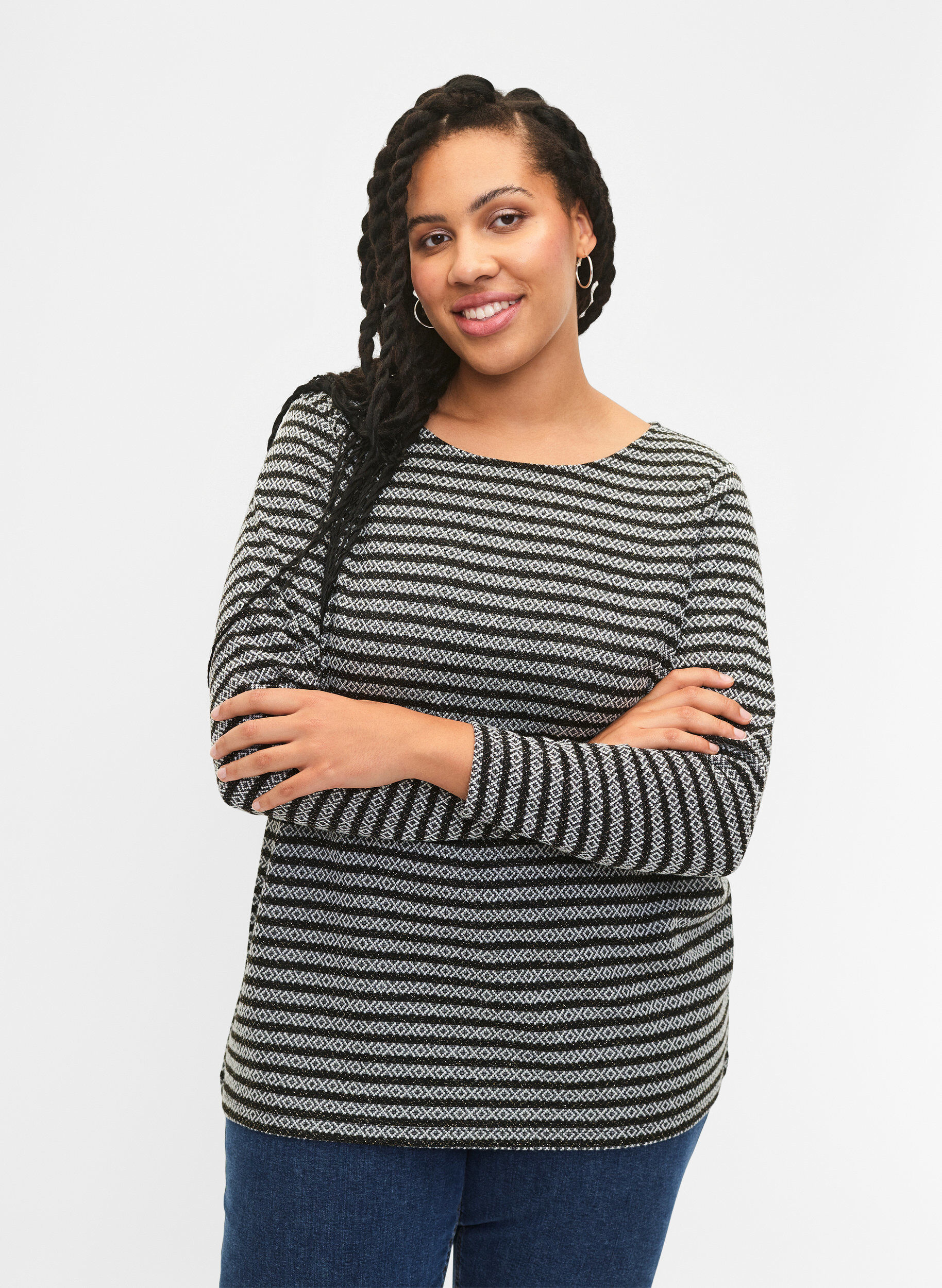 Zizzi Bluse med rund hals og stripete m&oslash;nster, Black Stripe, Model image number 0