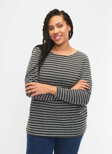 Bluse med rund hals og stripete mønster, Black Stripe, Model image number 0