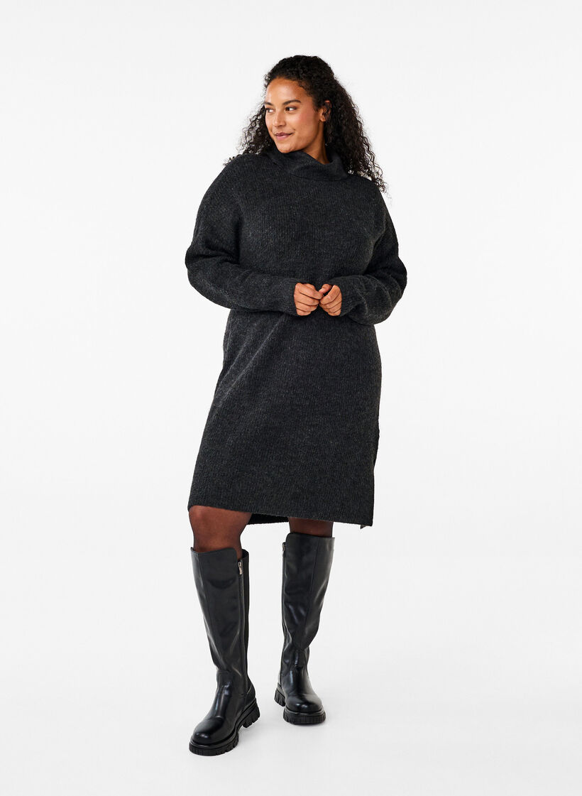 Strikket kjole med h&oslash;y hals, Gr&aring;, Model image number 1