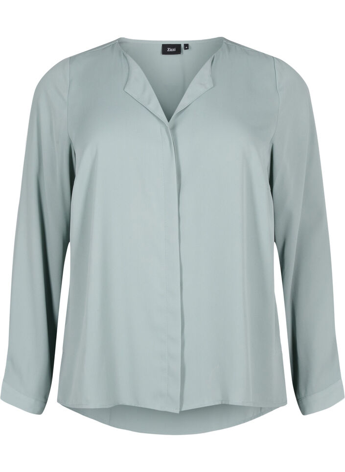Ensfarget skjorte med v-hals, Chinois Green, Packshot image number 0