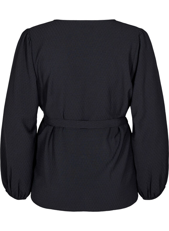 Langermet omslagsbluse med knytebelte, Svart, Packshot image number 1