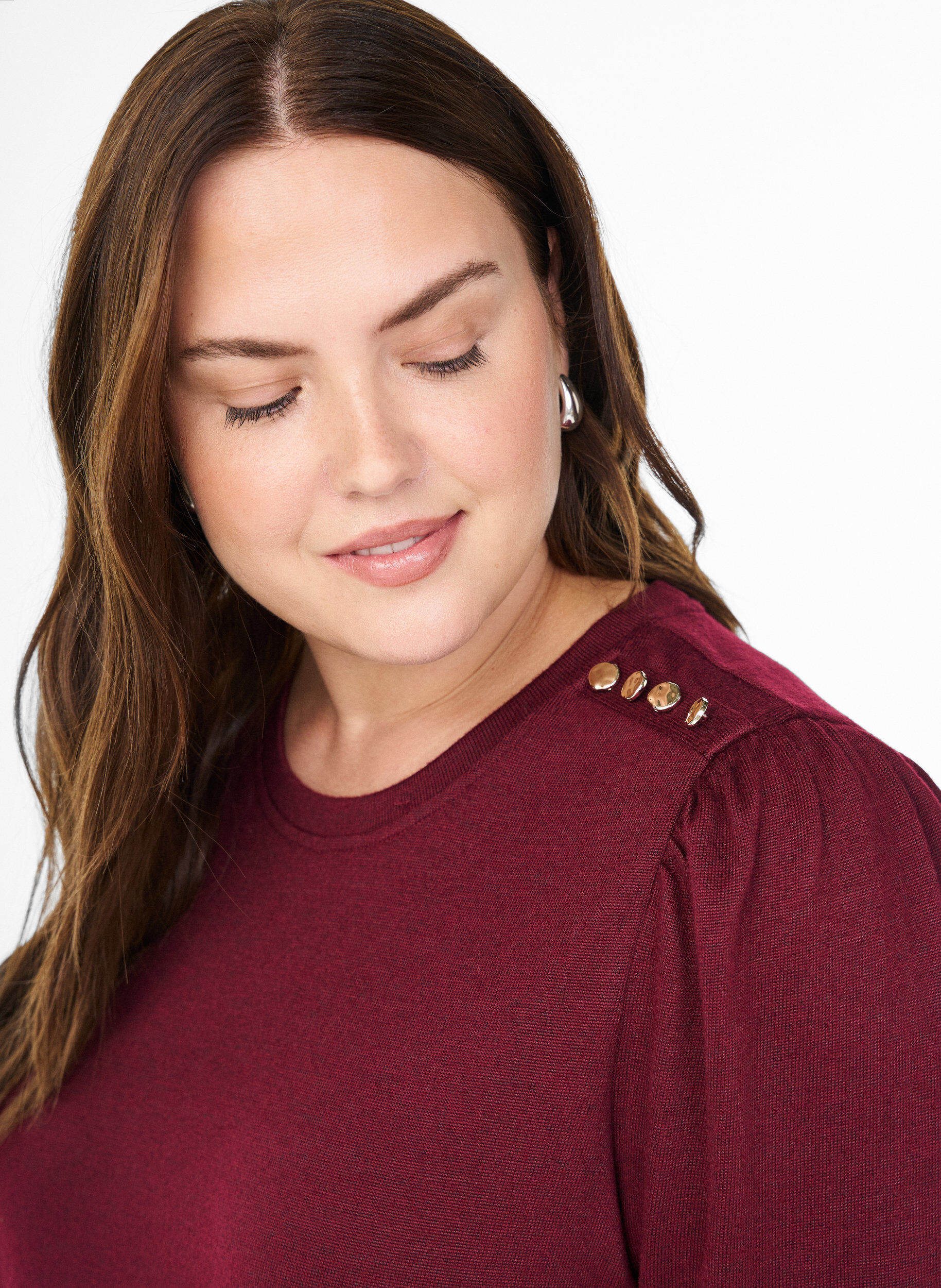 ZizziBluse med knappedetaljer og korte puffermer, M&oslash;rk Bordeaux, Model image number 3