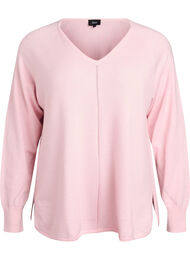 Finstrikket bluse med V-hals og detalj foran, Rosa