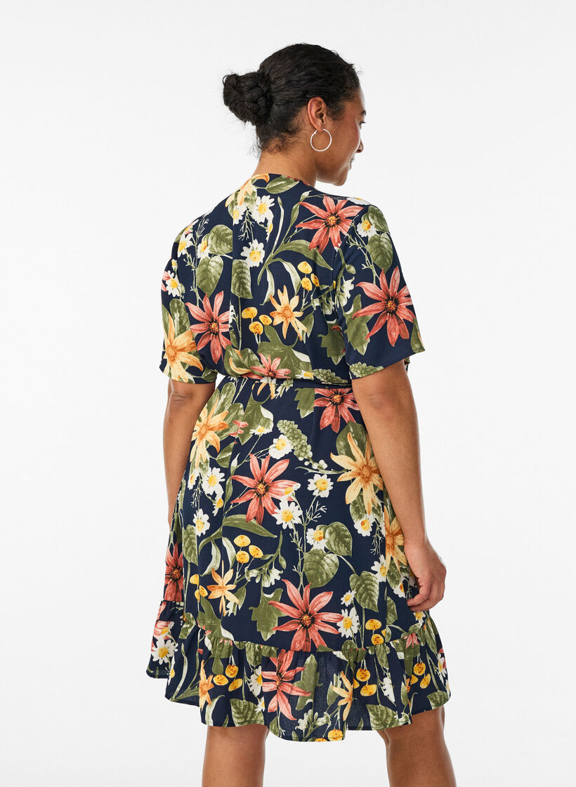 Blomstret omslagskjole med korte ermer, Bl&aring;, Model image number 2